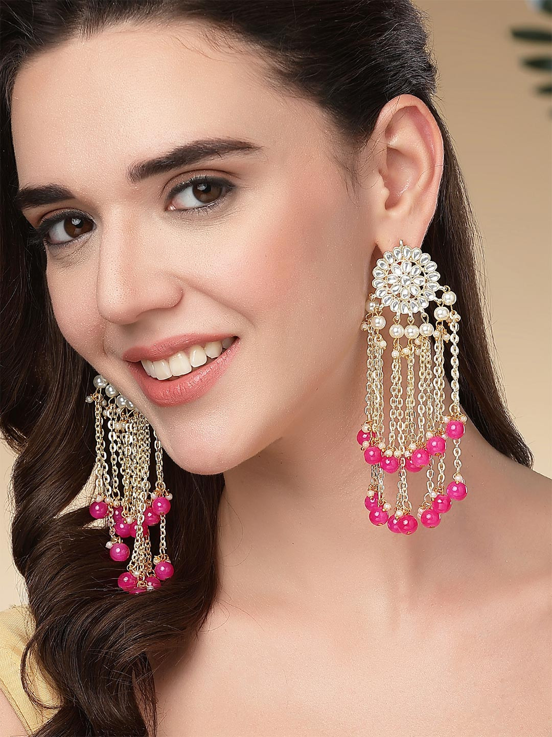 KARATCART Pink Gold Plated Floral Drop Tassel Earrings