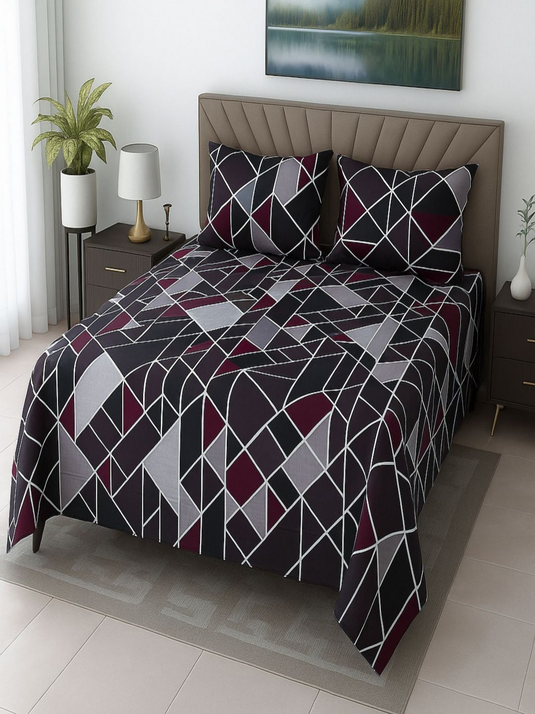 Threadwear Off White & Grey Geometric 400 TC Queen Pure Cotton Bedsheet Set-2.55m x 2.30m