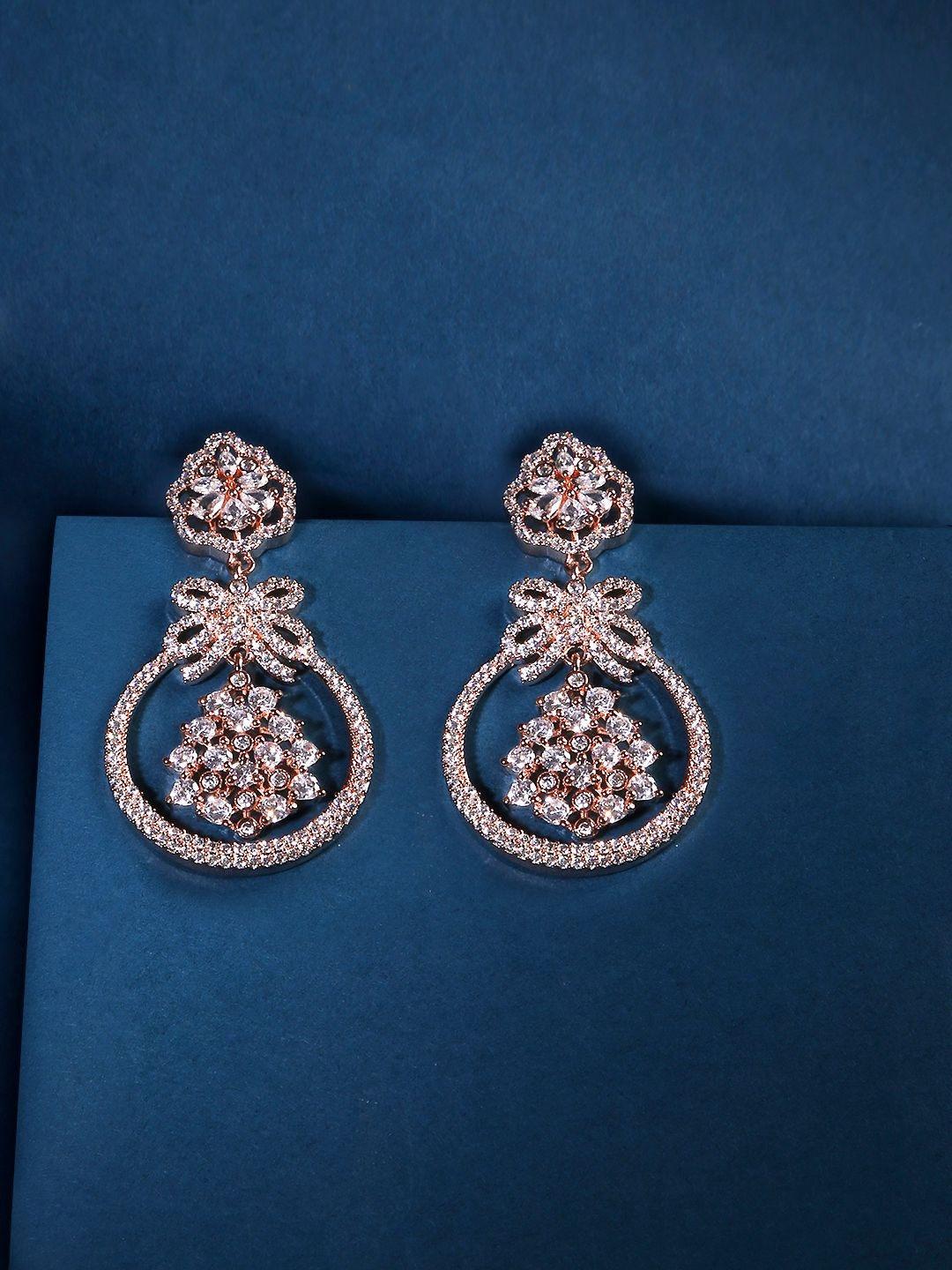 QUEENS NECK Rose Gold-Plated American Diamond Studded Floral Shaped Drop Earrings