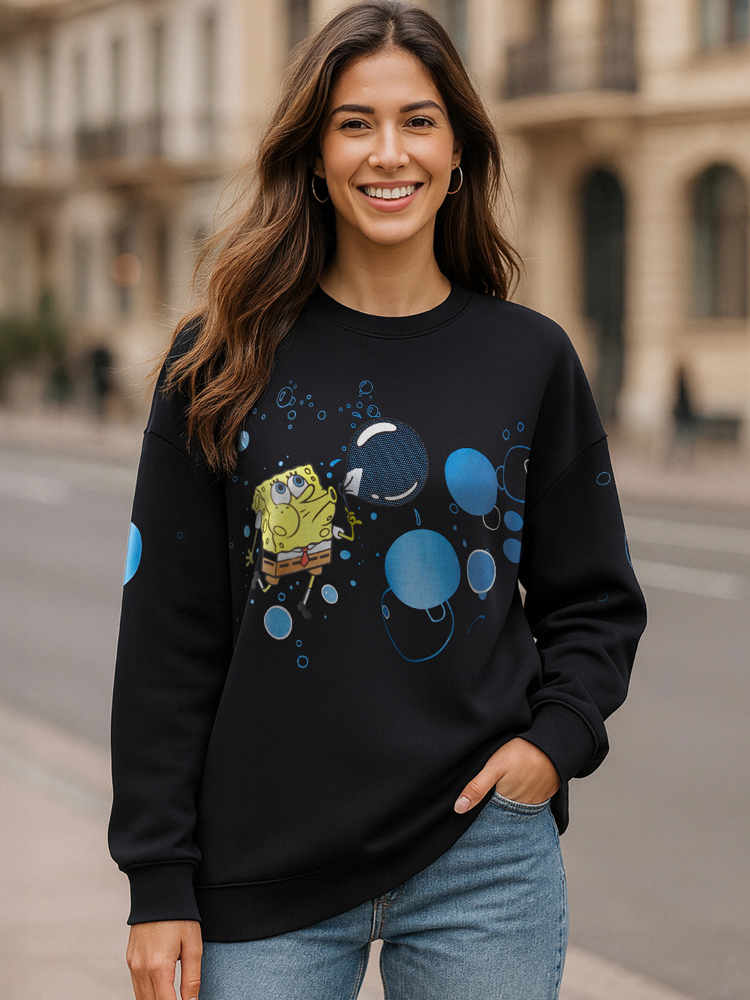 Bewakoof Spongebob Women Black Graphic Printed Oversized Sweatshirt