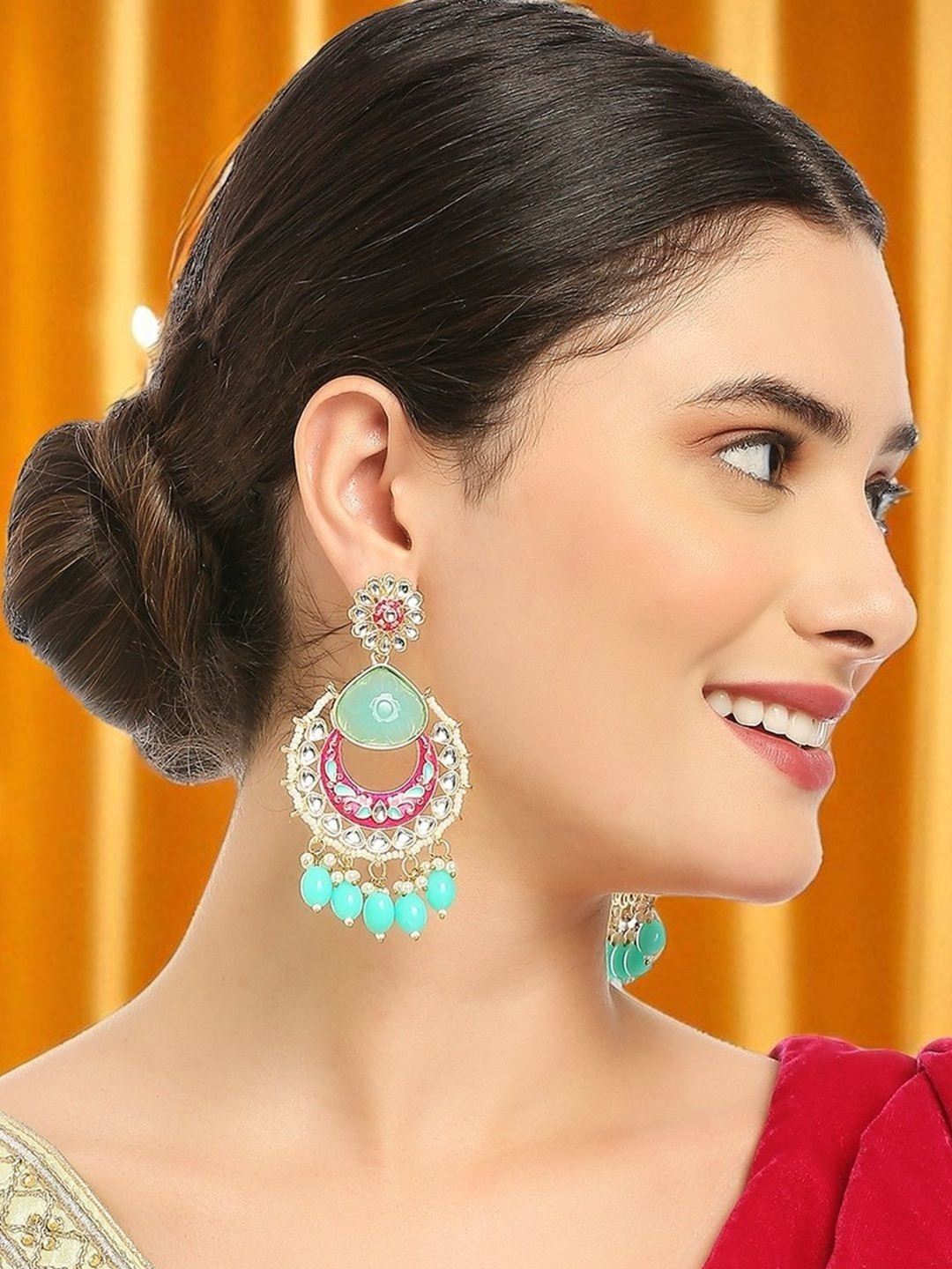 Anouk Metal Kundan Stuidded And Pearls Beaded Floral Meenakari Chandbalis