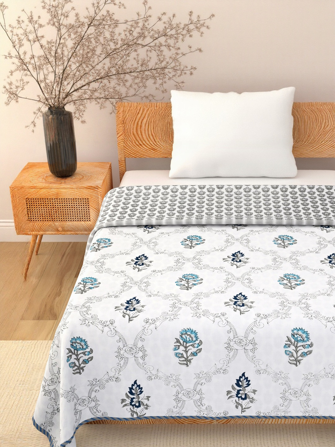 Myntra Elegant Homes Blue Cotton 400 GSM Reversible Floral 3 Layer Double Bed Blankets