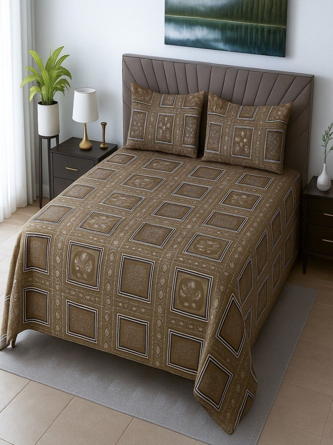 Threadwear Camel Brown & Beige Floral 400 TC Queen Bedsheet Set-2.55 m x 2.30 m