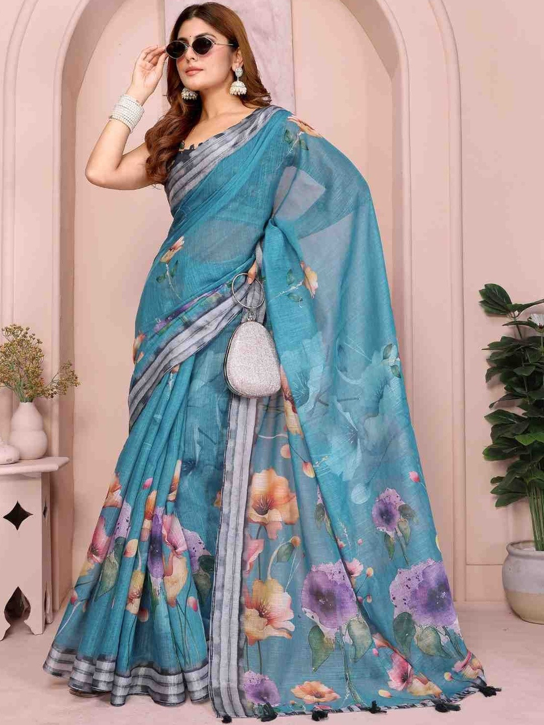 Tarlas Sarees Floral Printed Striped Pure Linen Saree