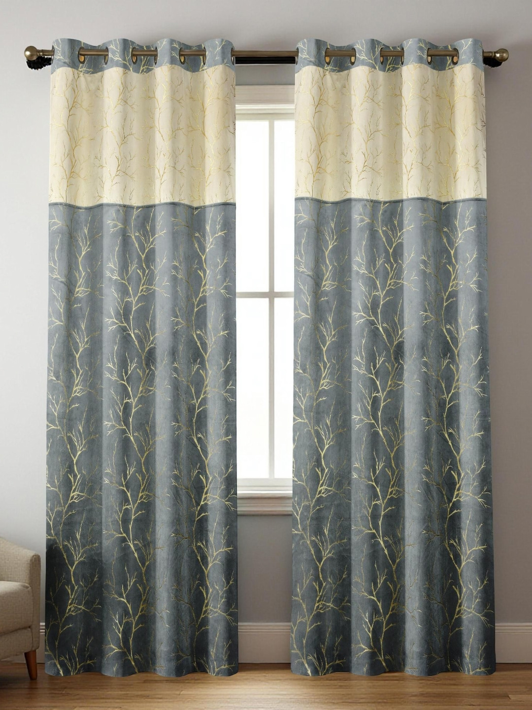 Aura Grey & Beige Printed Black Out 2 Pieces Long Door Eyelet Curtains