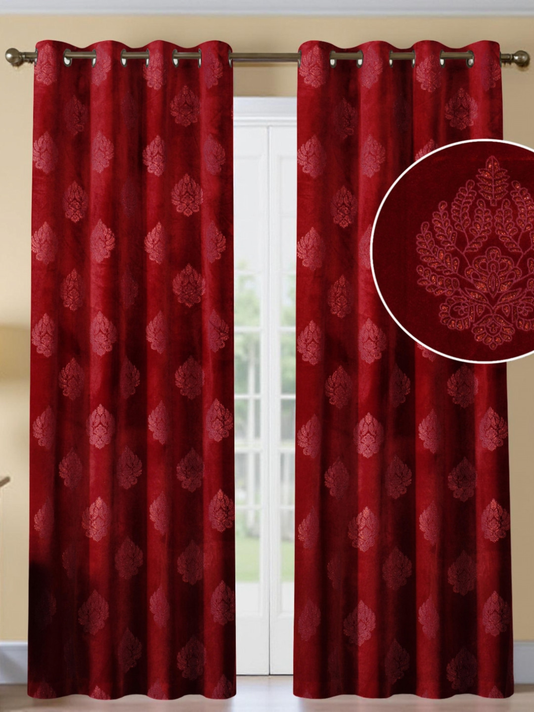 Aura Maroon 2 Pieces Printed Black Out Long Door Curtains