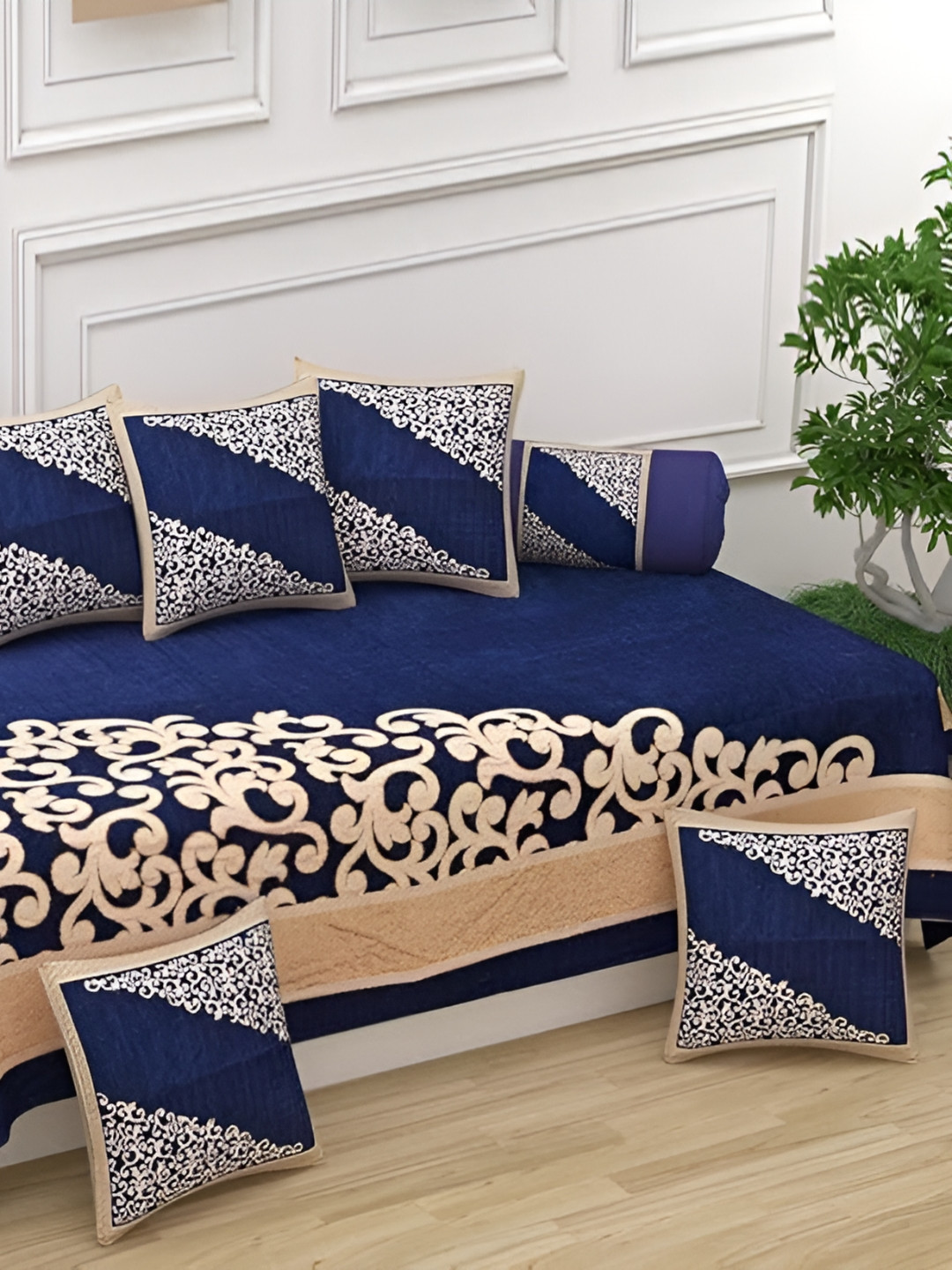 A Next Step Blue And Beige 8 Pieces Floral Self Design Velvet Diwan Set