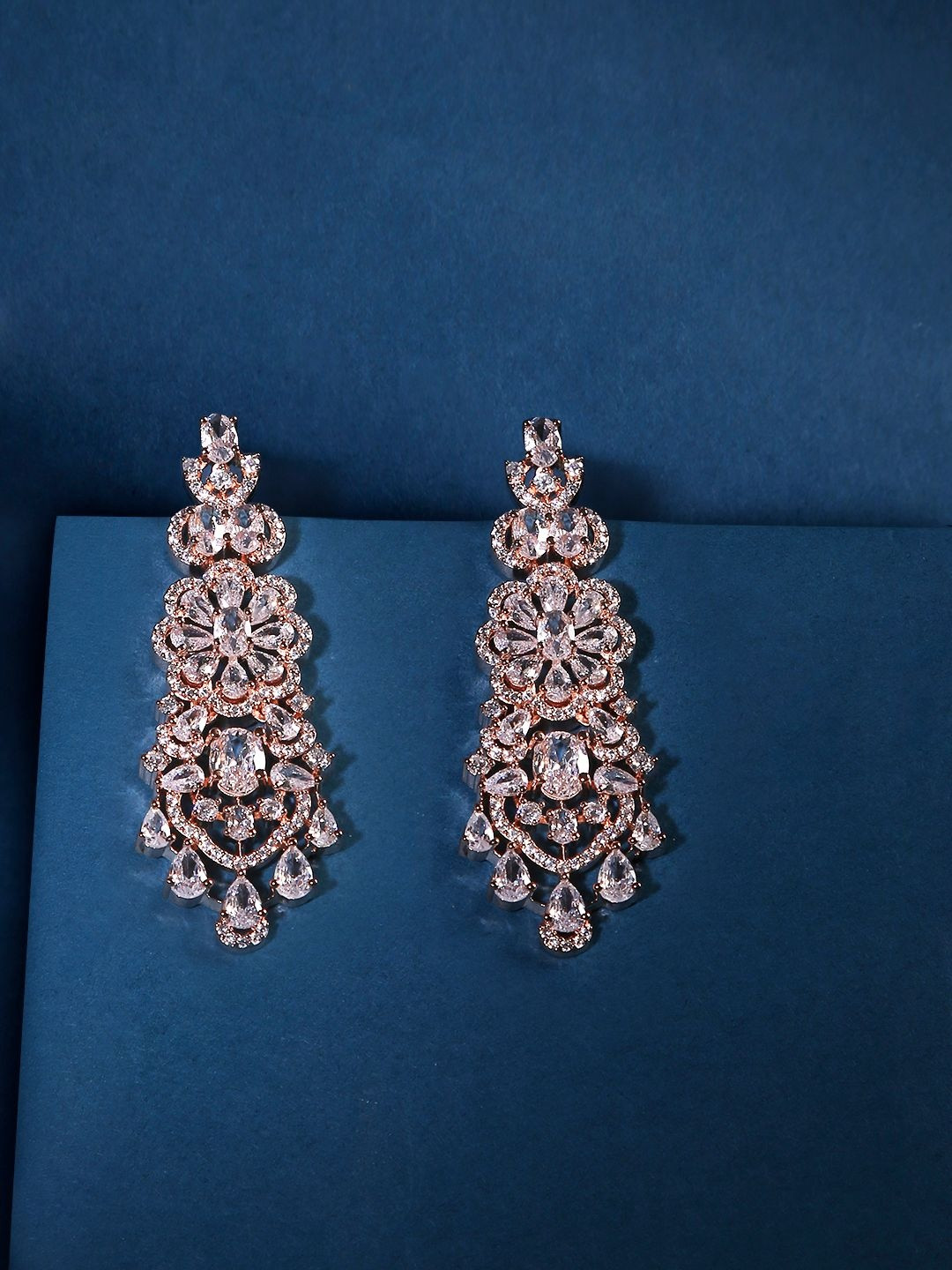 QUEENS NECK Rose Gold-Plated American Diamond Studded Floral Shaped Drop Earrings