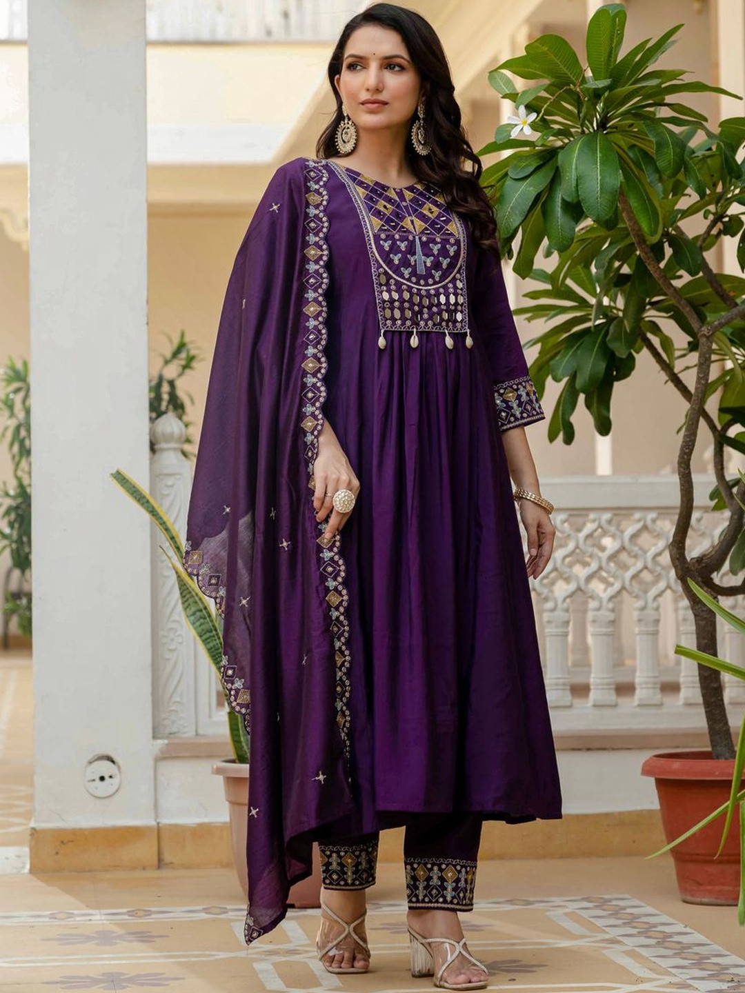 Peach Petals Women Mirror Work Raw Silk Kurta with Trousers & With Dupatta Kurta Sets