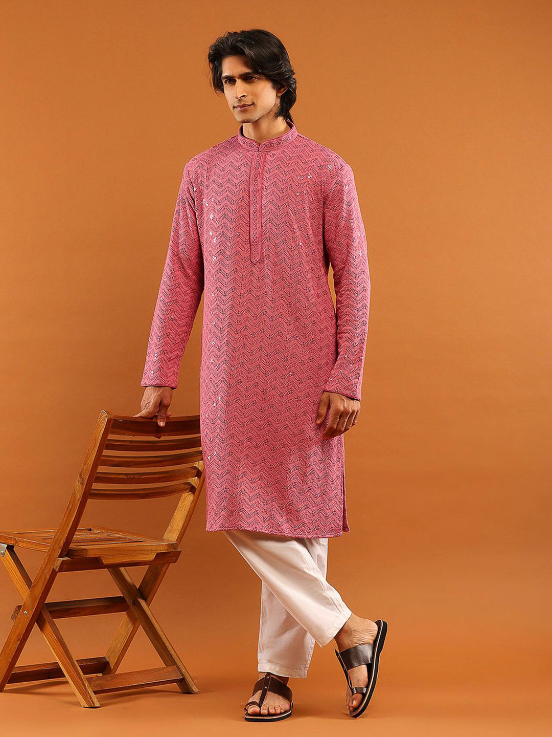 House of Chikankari Men Embellished Embroidered Side Slits Knee Length Kurta