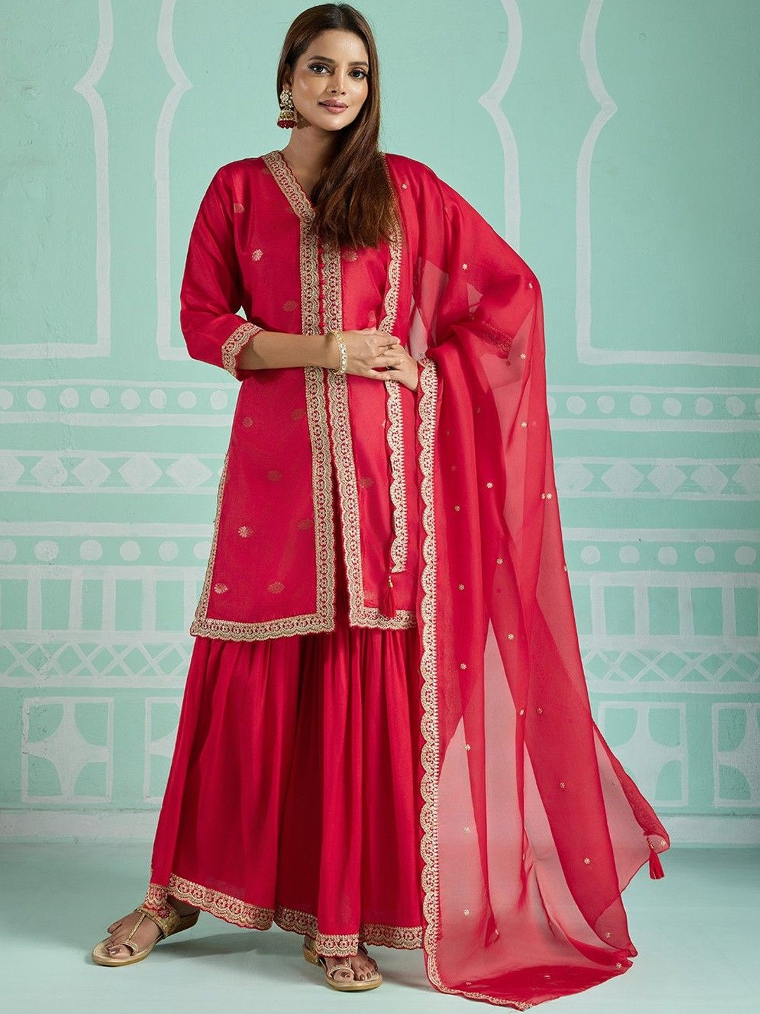 SHILL INTERNATIONAL Women Ethnic Motifs Regular Sequinned Kurta with Sharara & Dupatta