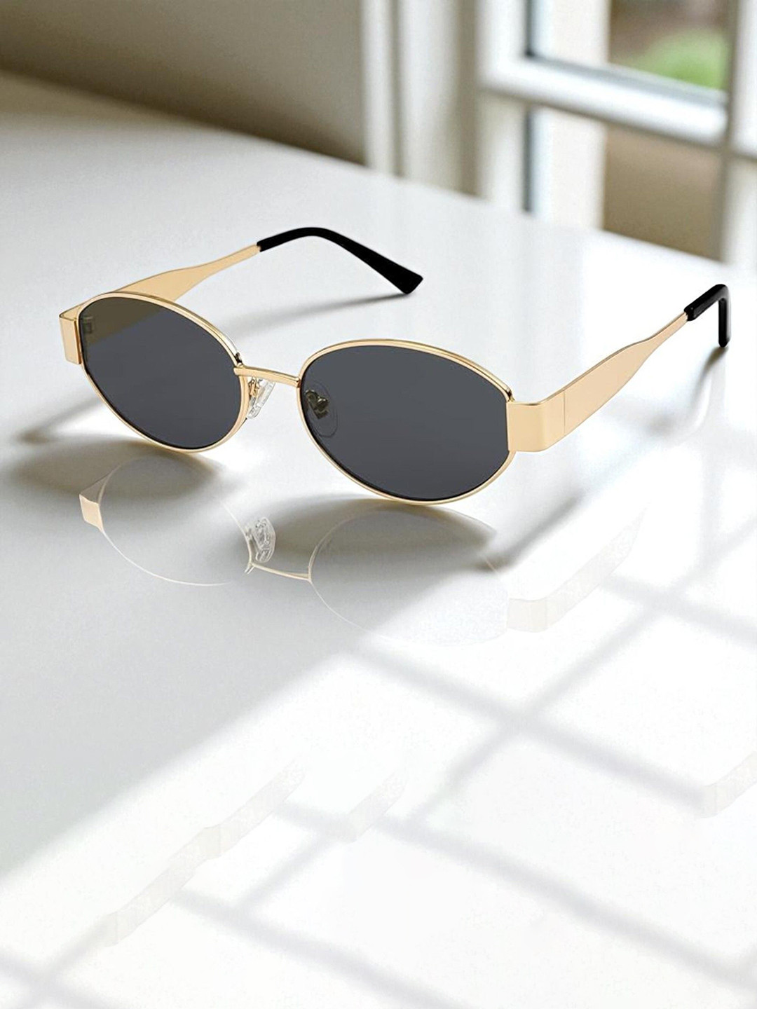 SPADEACES Unisex Rimless UV Protected Oval Sunglasses GOLD BLACK OVAL