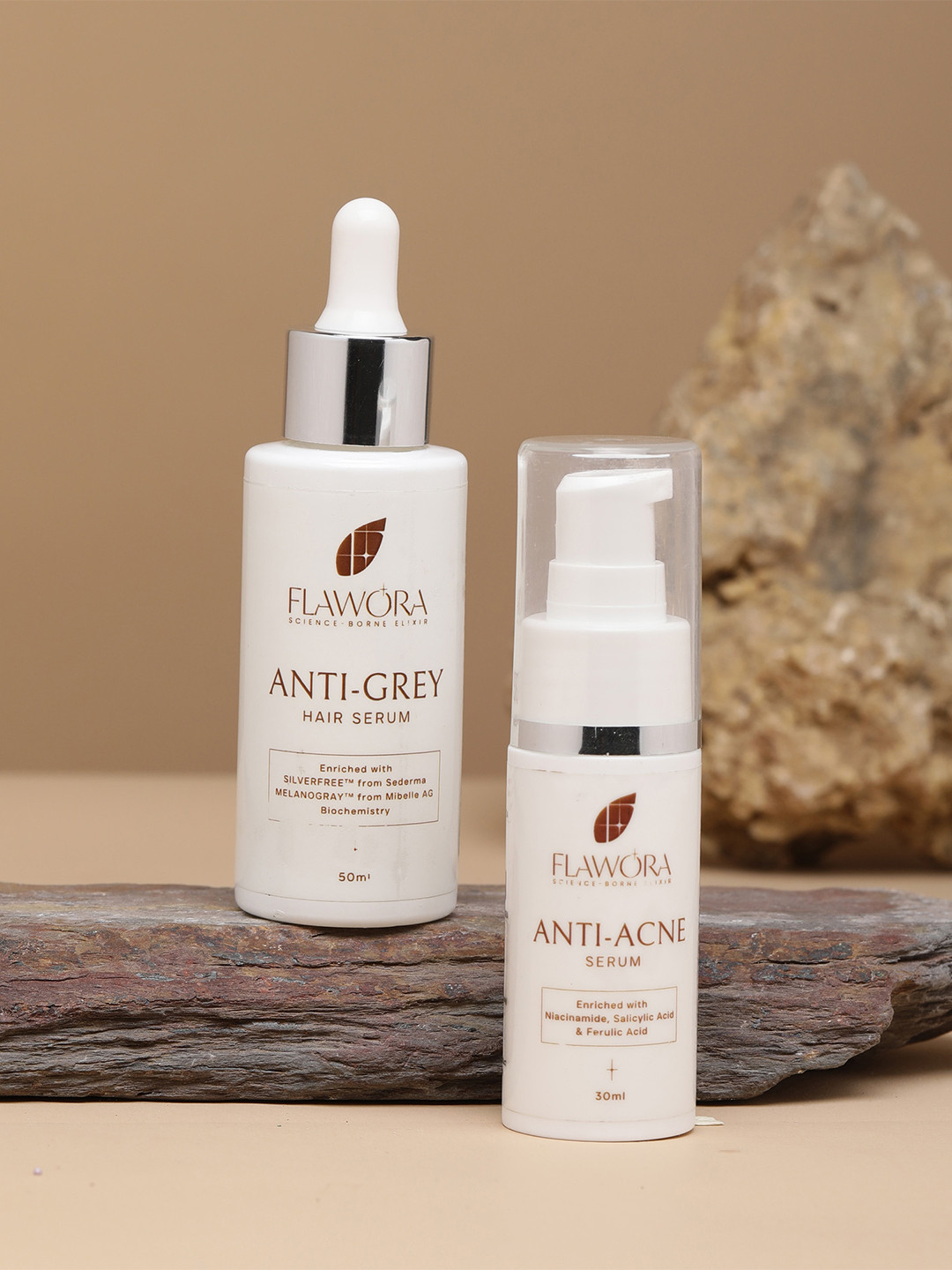 Flawora Set Of 2 Anti-Grey Hair Serum - 50 ml & Anti Acne Serum - 30 ml