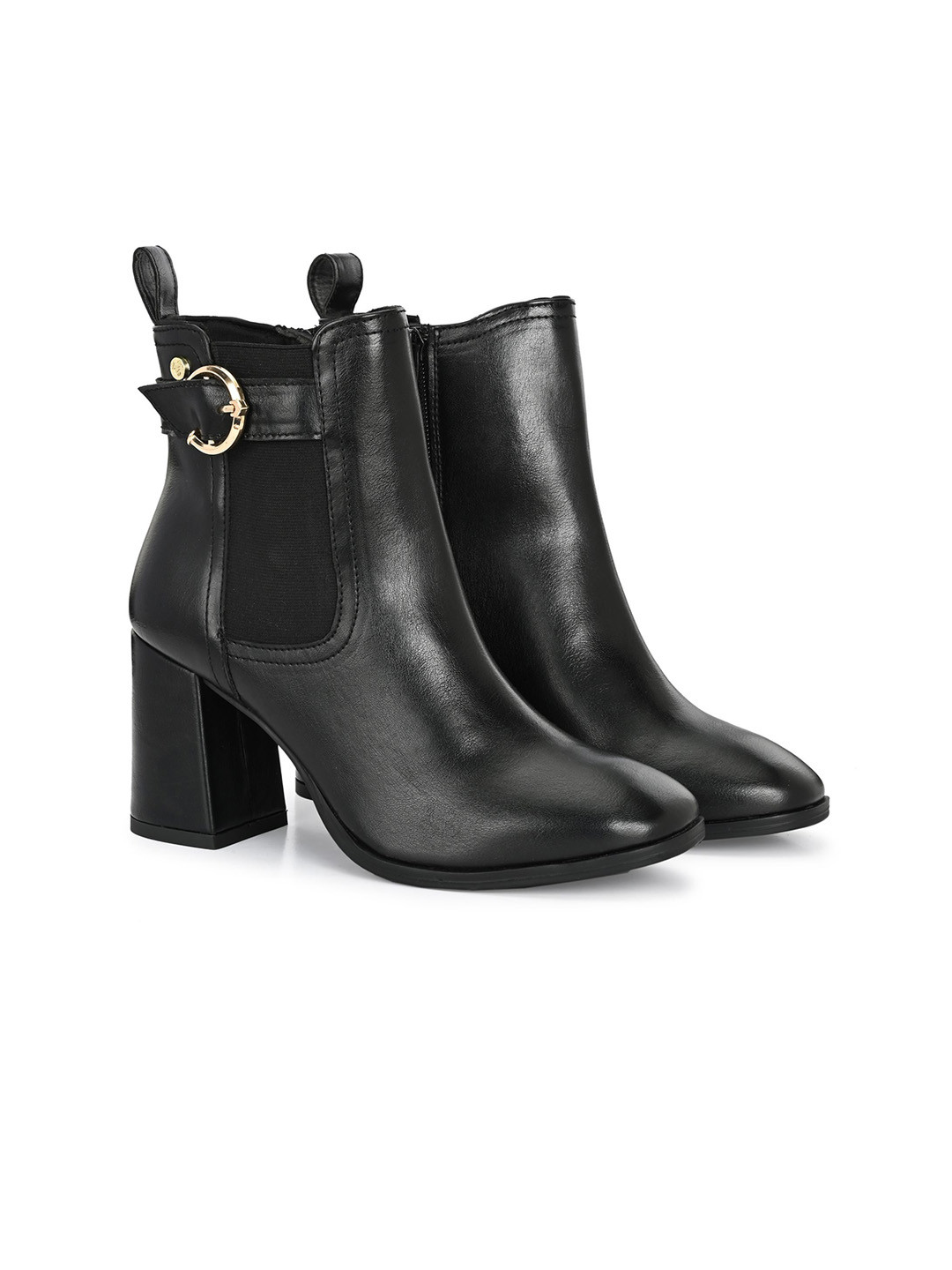 Delize Women Leather Round Toe Block Heel Monk Straps Boots With Buckle