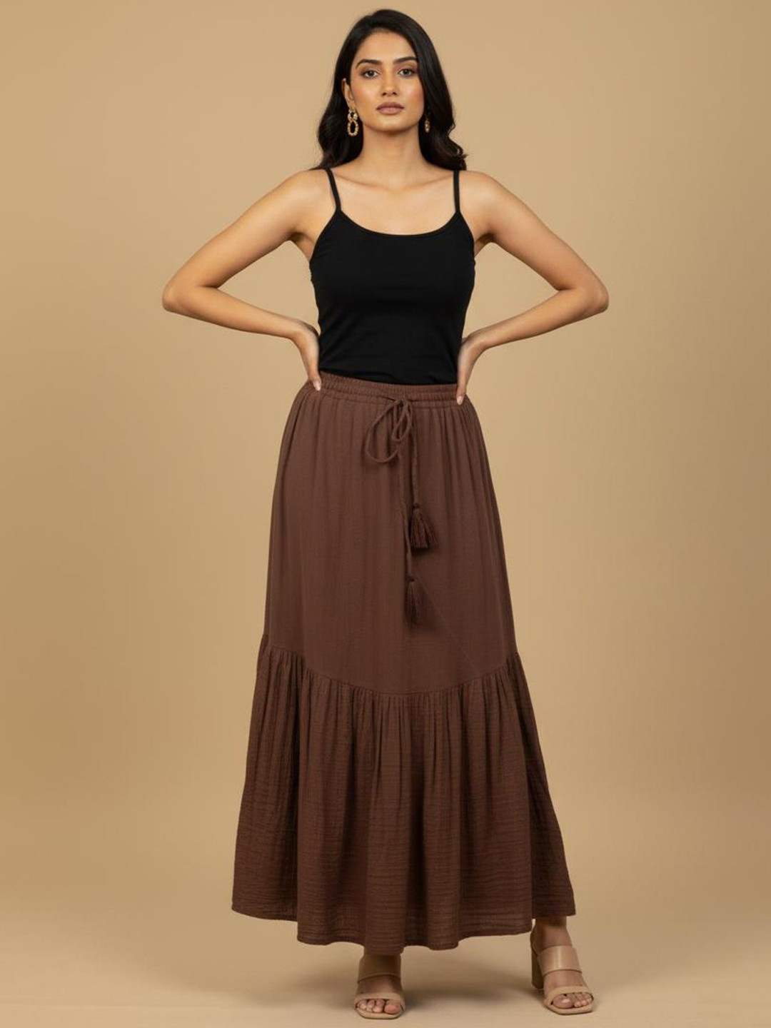 Veeralda Women Pure Cotton A-Line Maxi Skirt With Tassel Drawstring