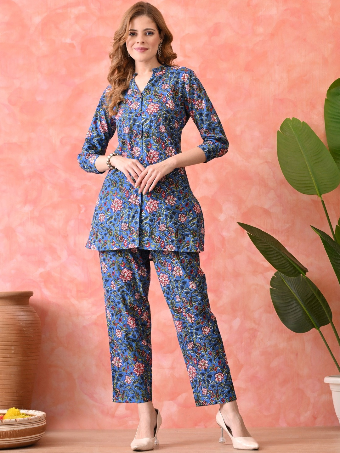Vaimiya Women Pure Cotton Flower Printed Shirt with Trouser