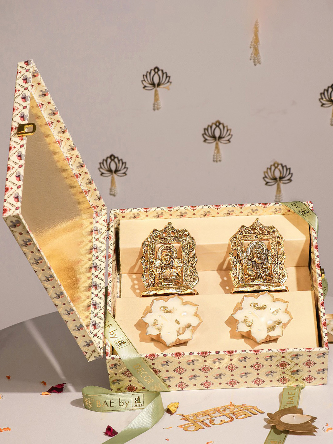 Art Street Laxmi Ganesh Idol and Laxmi Charan with Urli Diya Set Diwali Gift Hampers Box