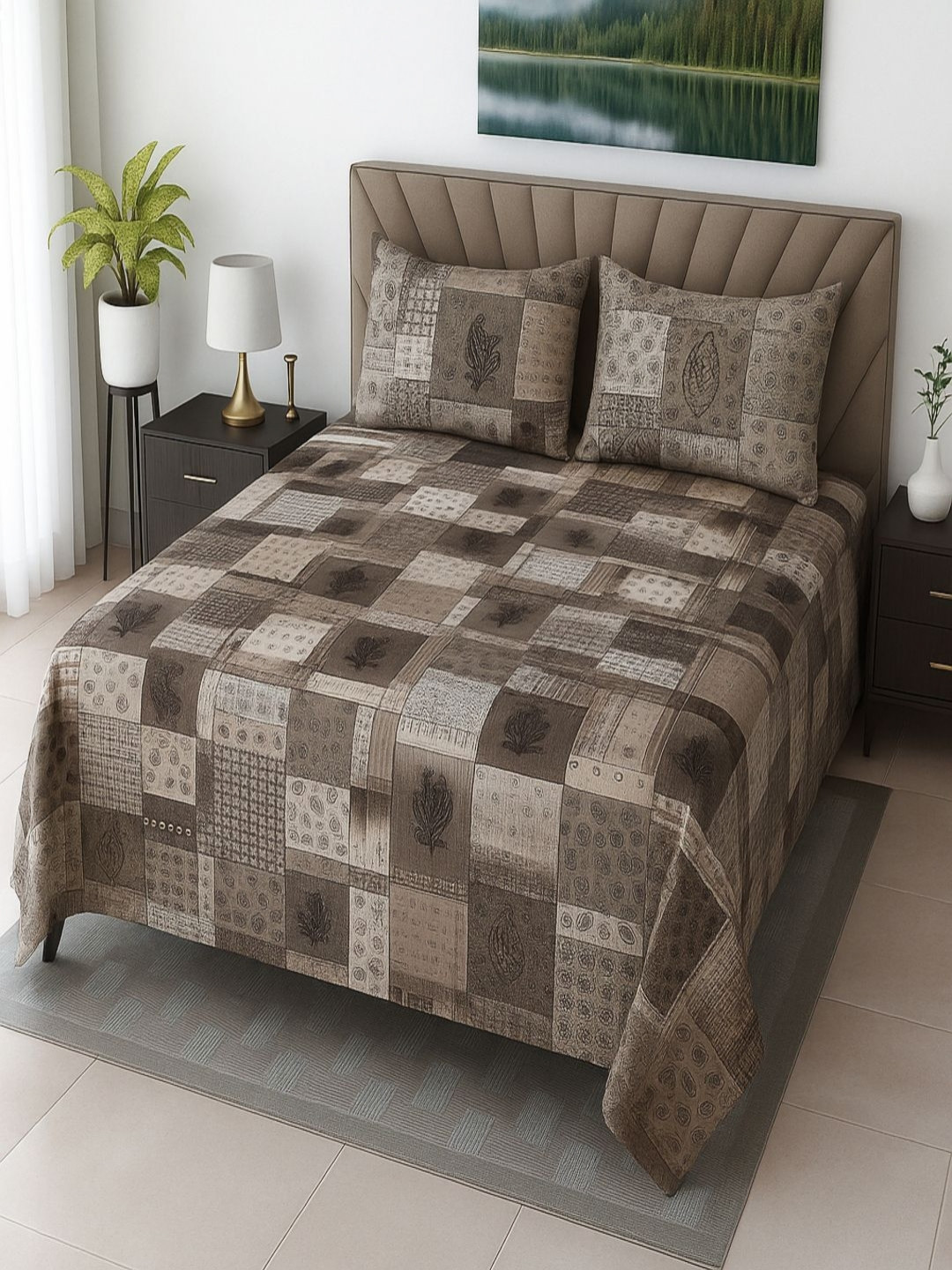 Threadwear Coffee Brown & Grey 400 TC Queen Pure Cotton Bedsheet Set-2.55m x 2.30m