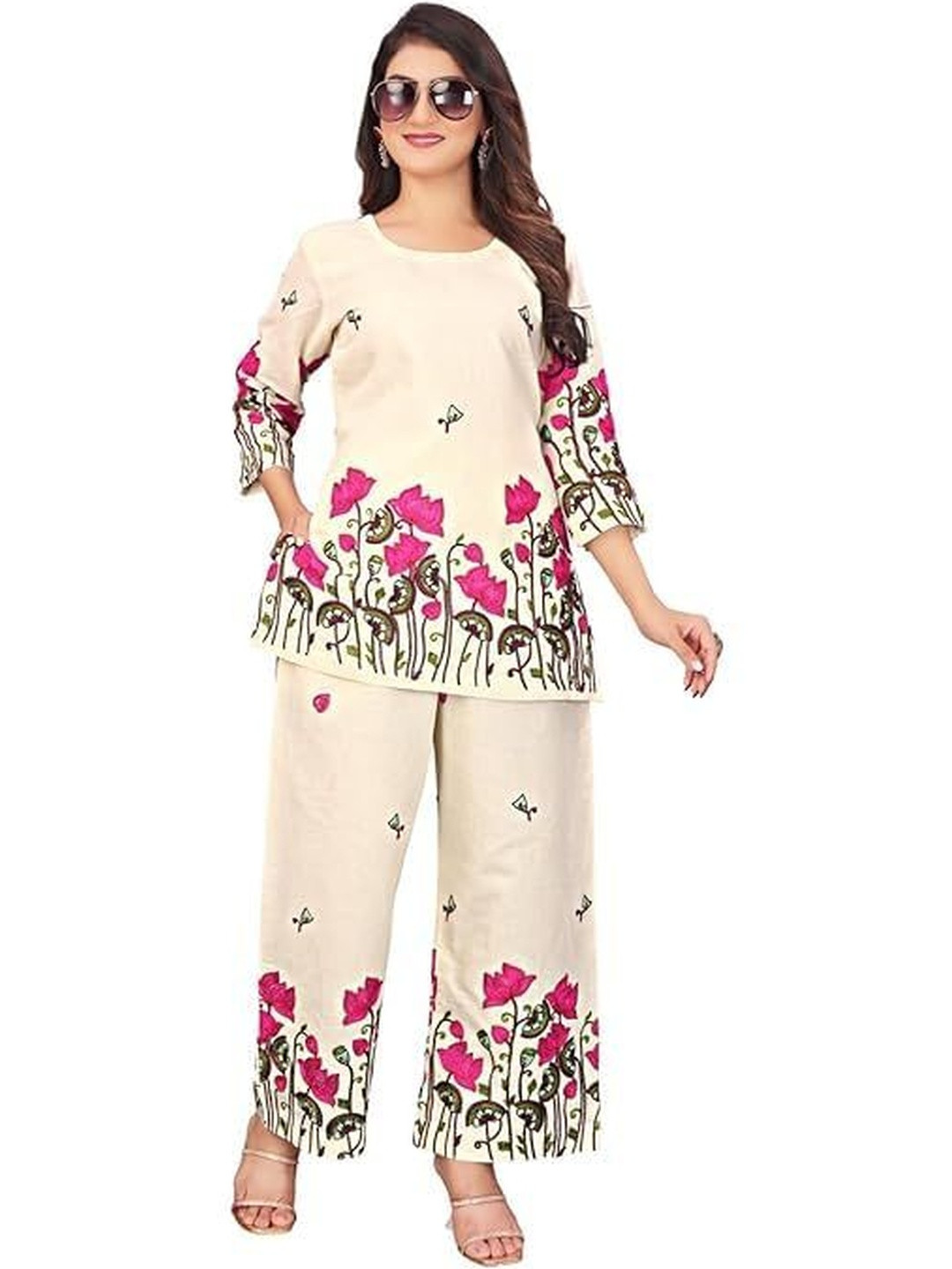FOLENNE Floral Printed Round Neck Pure Cotton Tunic With Palazzos