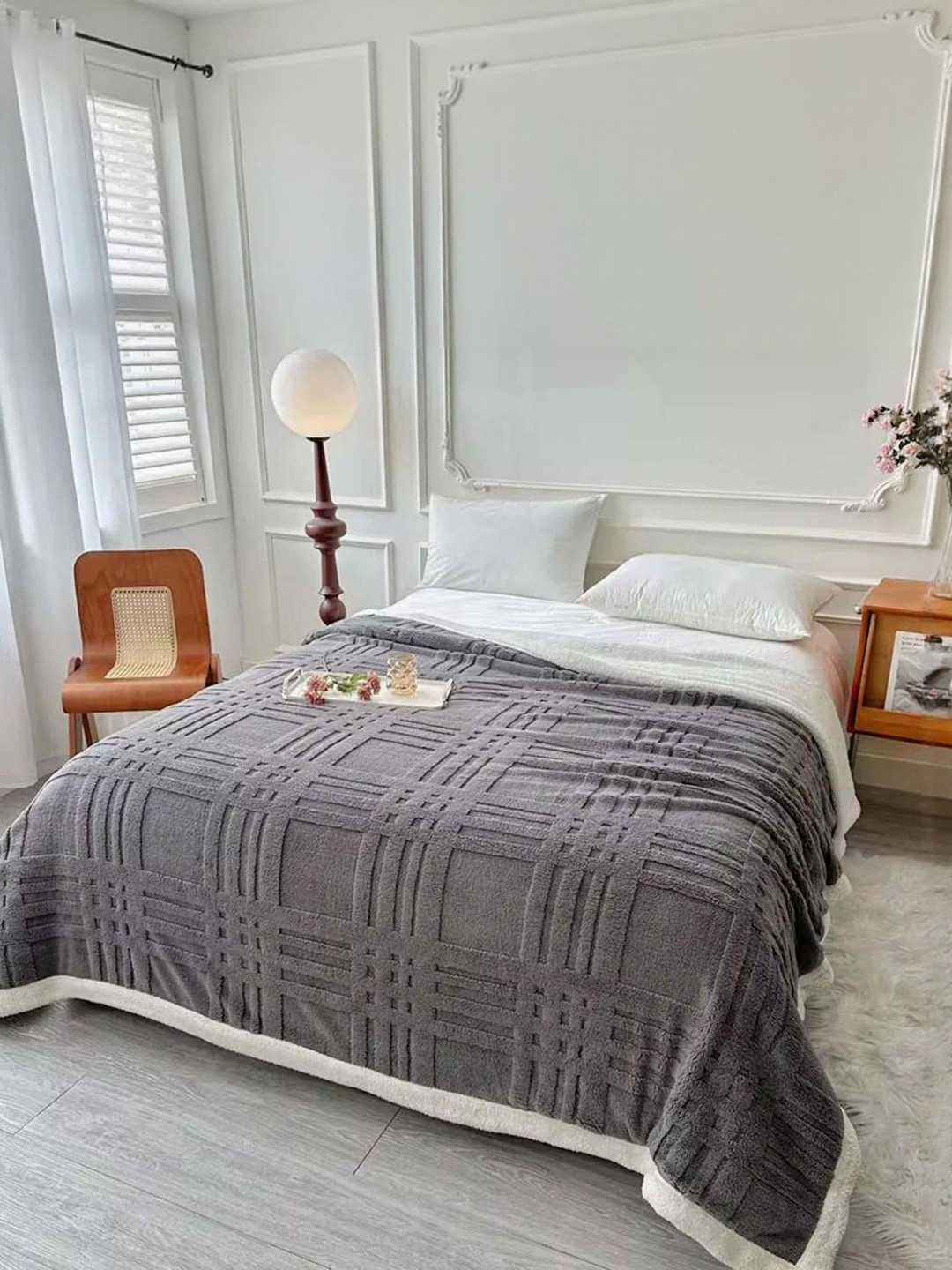 Reexplore Grey Microfibre 354GSM Cotton Double Bed King Size Sherpa Blanket