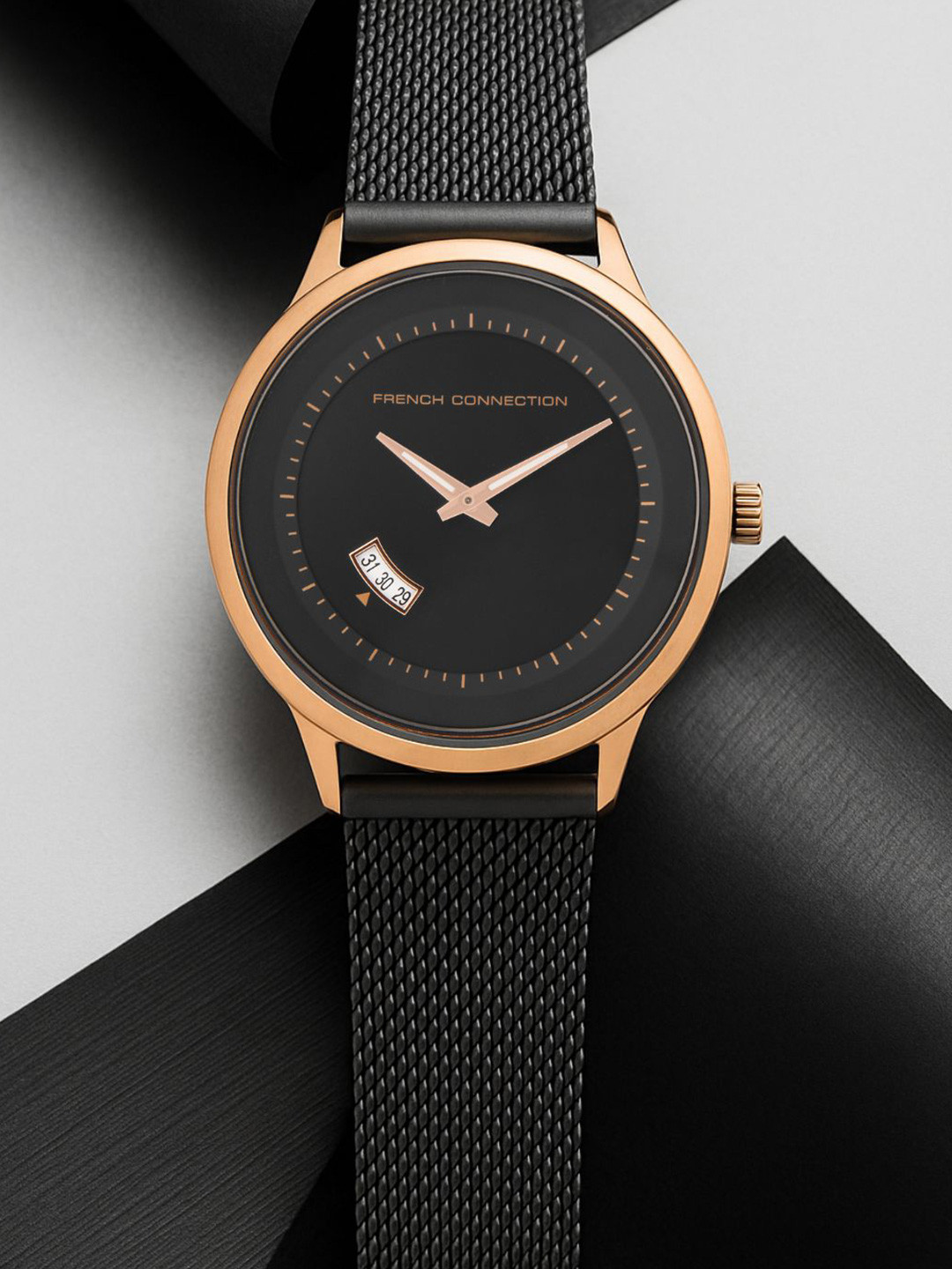 French Connection Men Black & Rose Gold Analogue Watch