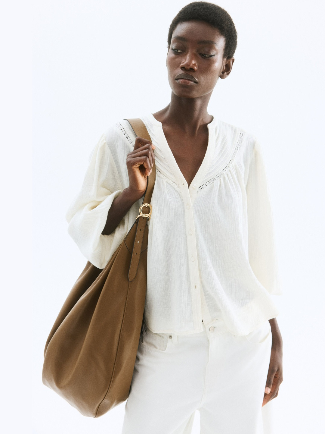 H&M Women Solid Crinkled Mandarin Collar blouse