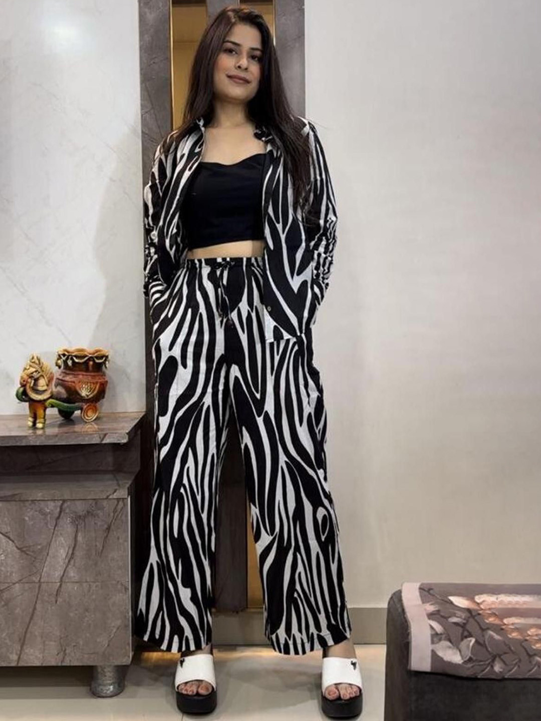 Sol Studio Printed Shoulder Straps Pure Cotton Top & Trousers With Shirt