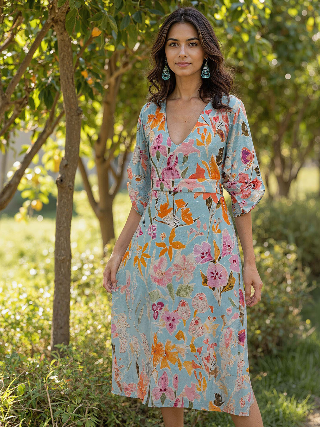 Naava Women Floral Print Kimono Sleeve Midi Dress