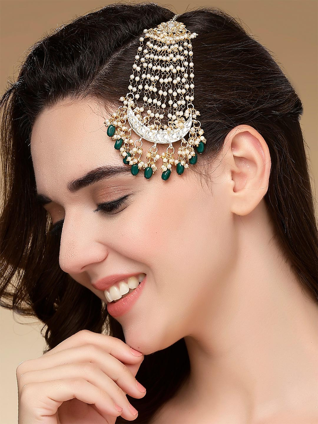 KARATCART Women Gold-Plated Kundan Studded Passa Head Jewellery