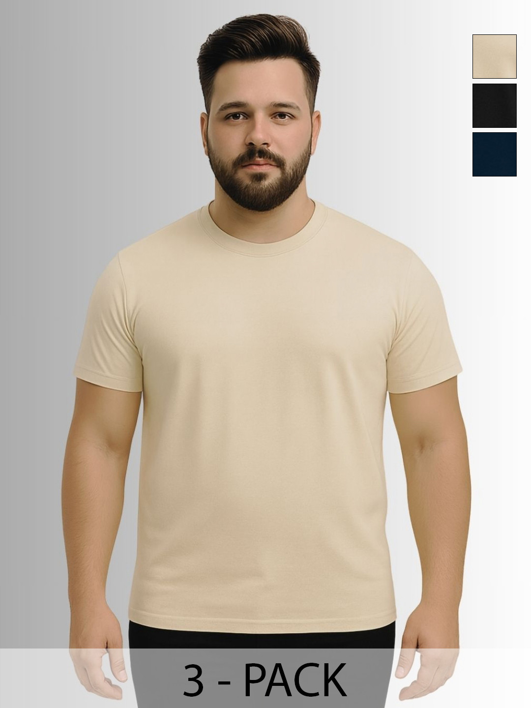 KART BLACK Men Pack of 3 Plus Size Solid Round Neck Cotton T-shirts