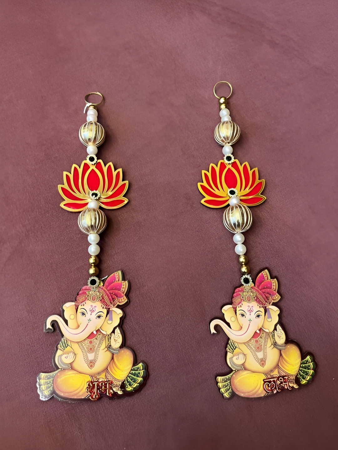 Sellplus Set Of 2 Red & Yellow Textured Lotus With Ganesh Hanging Garlands
