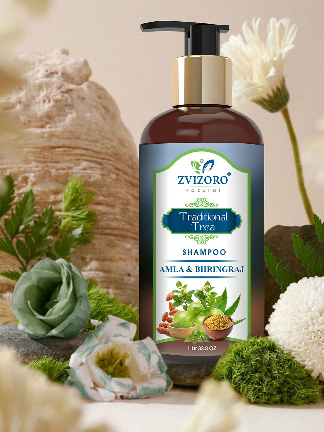 ZVIZORO Traditional Treat Amla, Bhringraj Shampoo With Almond For Hair Growth -1L