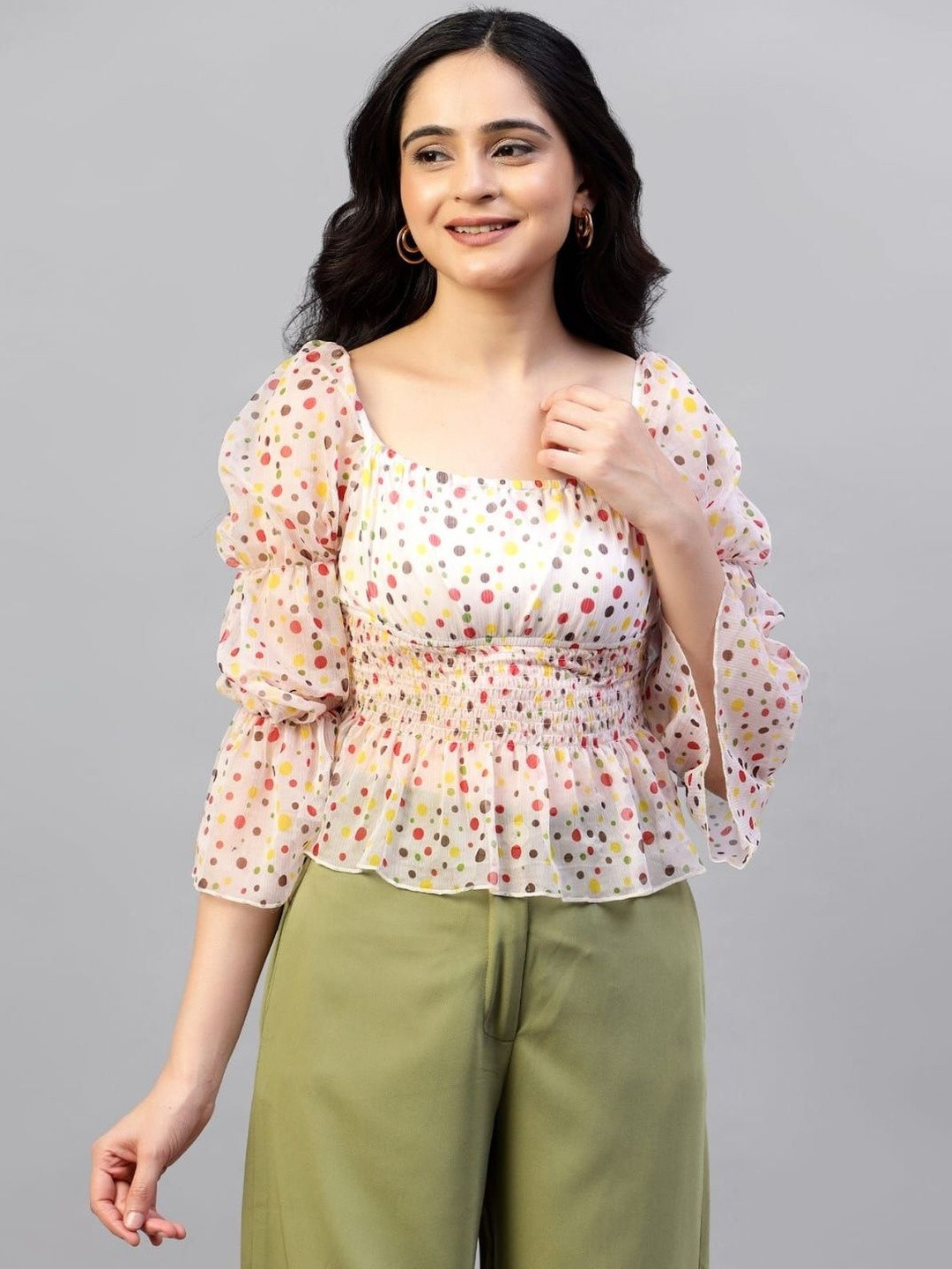 panthi Polka Dot Print Puff Sleeve Peplum Top