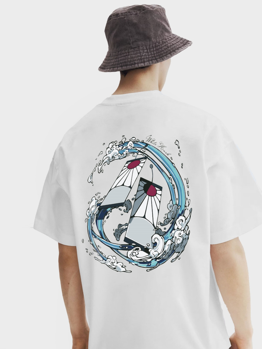 WHITE HUSK Men Hanafuda Earrings Demon Slayer Printed Cotton Oversized Tshirt