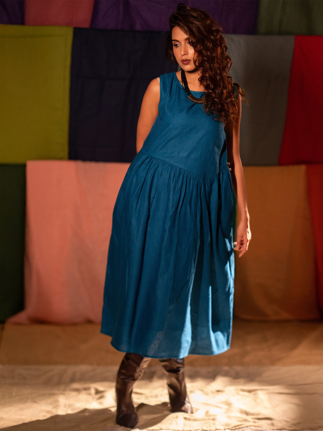 dhaaga Nyla Women Linen Fit & Flare Midi Dress