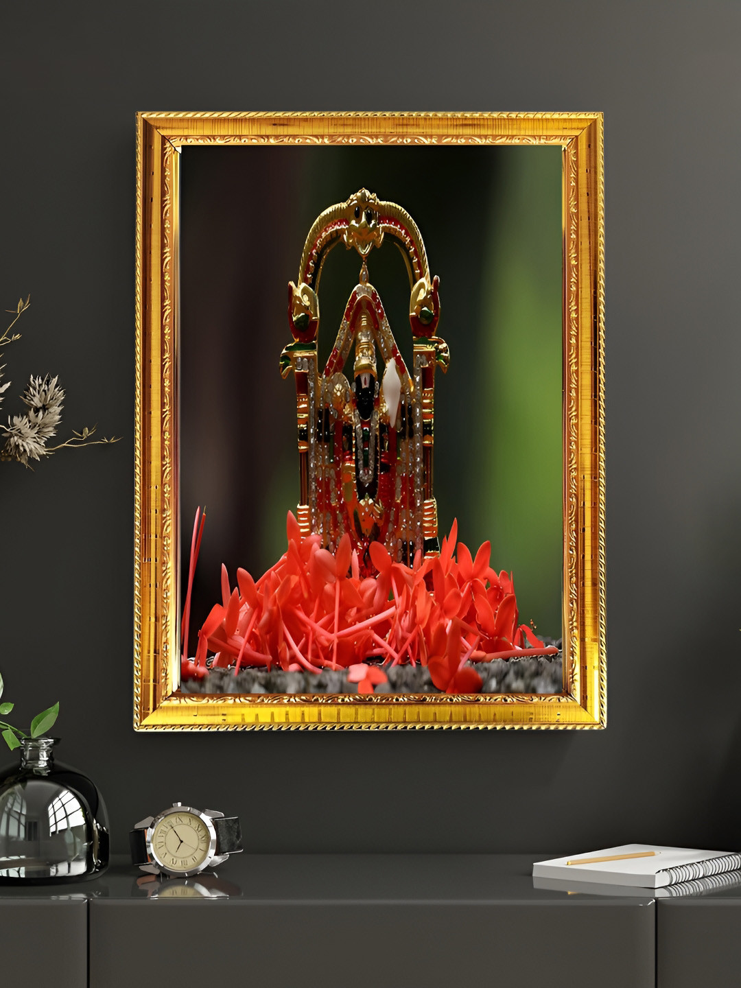 blinkart Black & Gold Printed Artcard & Plexi Glass Lord Vishnu Religious Wall Art