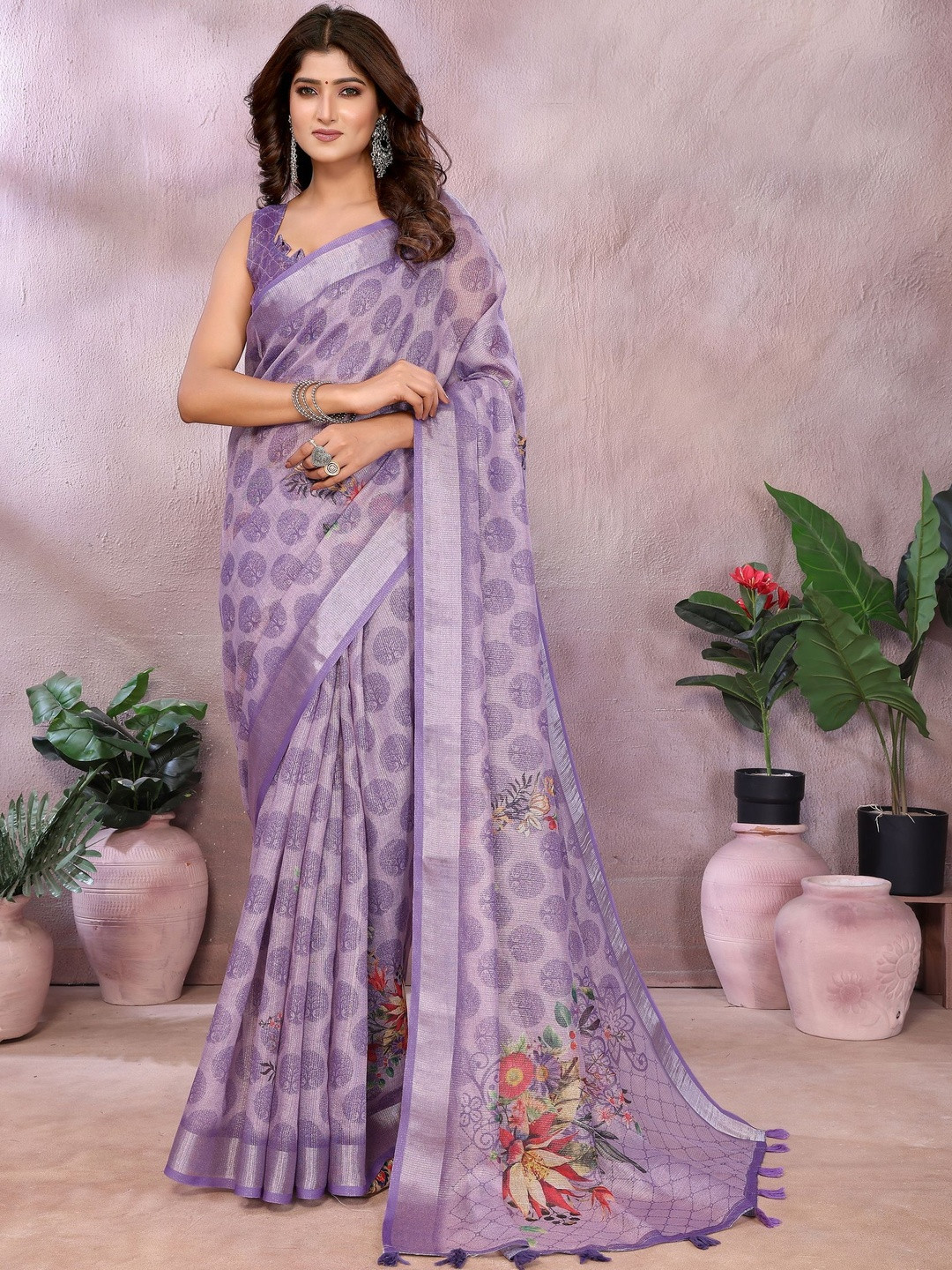 PRISHA FASHION Floral Printed Zari Border Bhagalpuri Saree with Blouse Piece