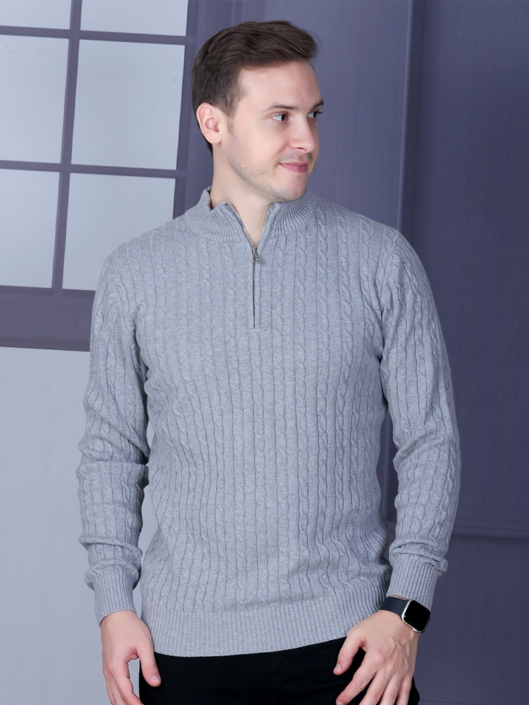 Dzant Men Cable Knit Woollen Mock Neck Full Sleeve Half Zipper Pullover Sweater