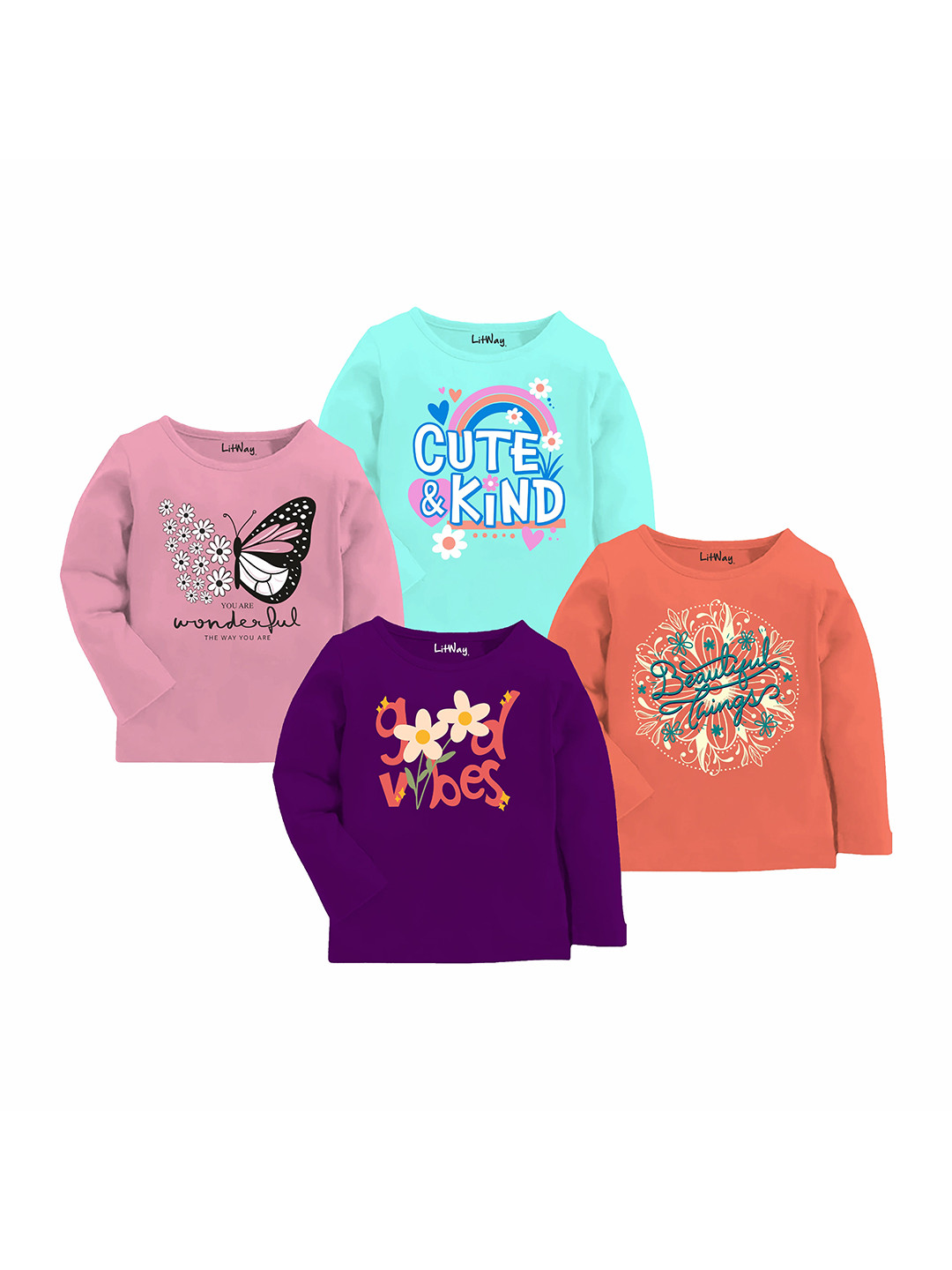 LITWAY Girls Pack of 4 Typography Printed Round Neck Cotton T-shirts