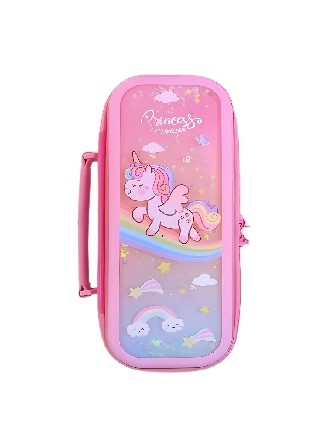 YK Kids Pink Plastic Stationery Organizer Pink Unicorn Glitter Pencil Box