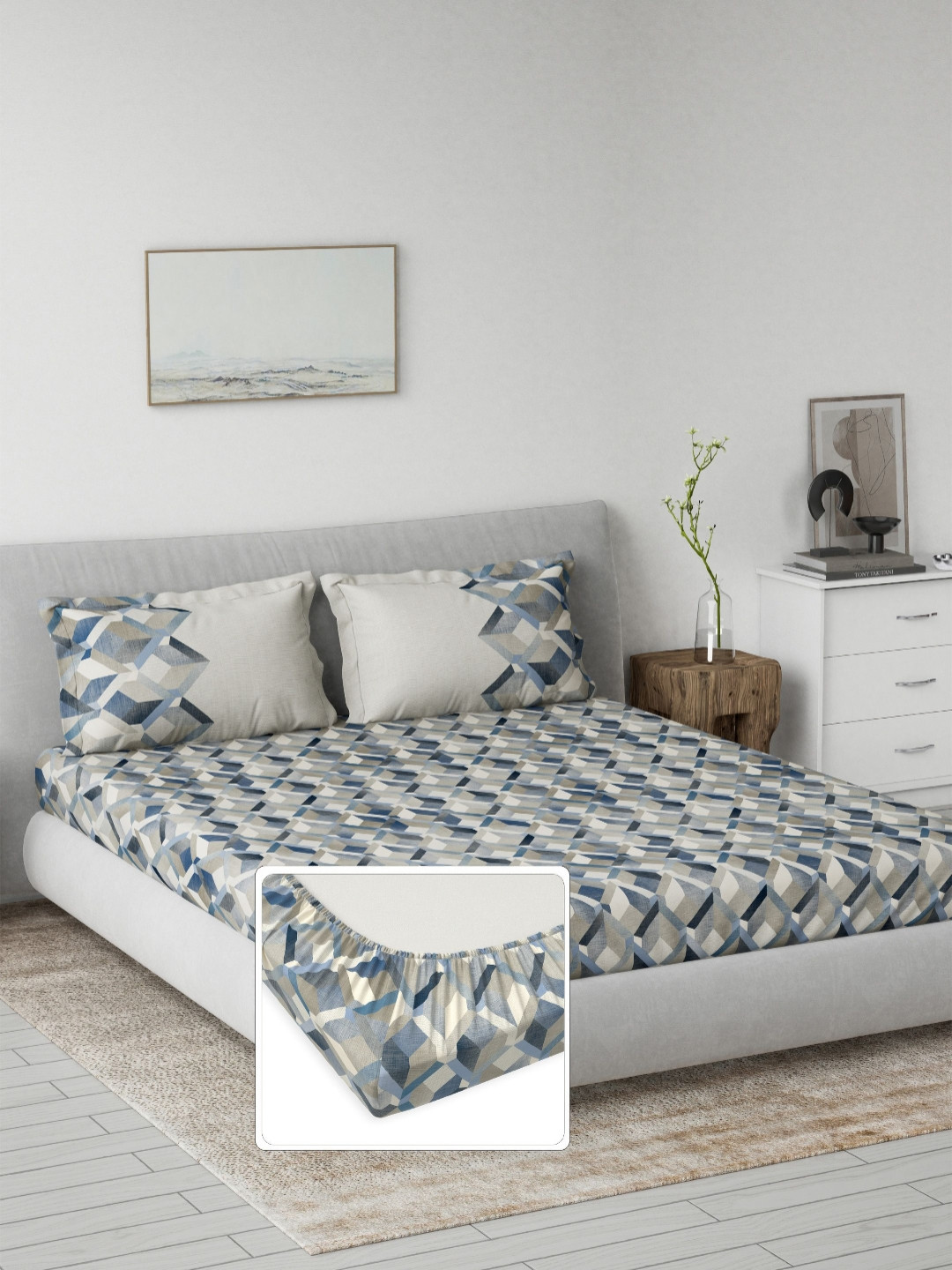 DDecor Primary Blue & Grey Printed 144 TC Cotton King Bedsheet Set 1.82 m X 1.98 m