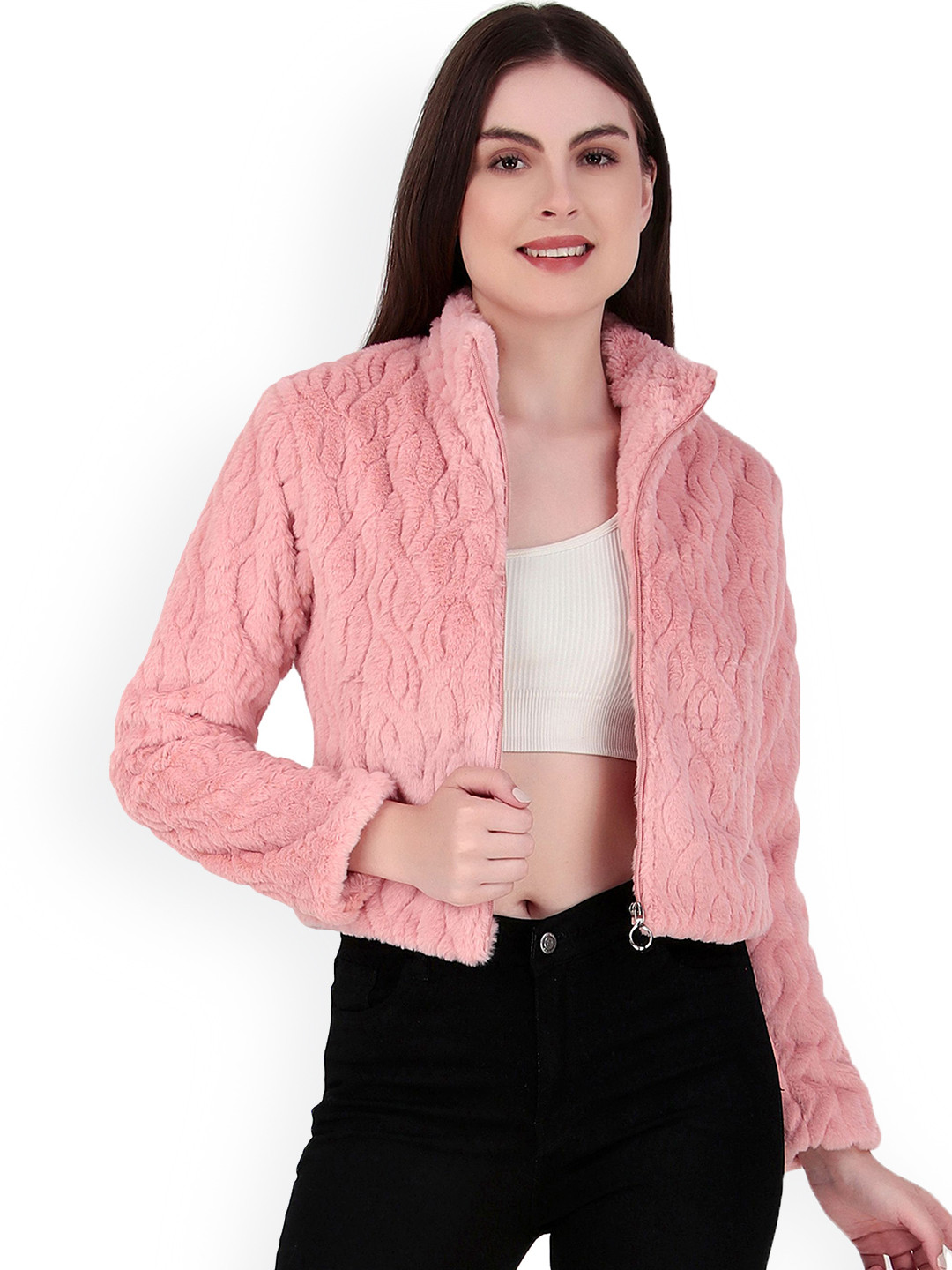 Brazo Self Design Lightweight Long Sleeves Crop Puffer Jacket