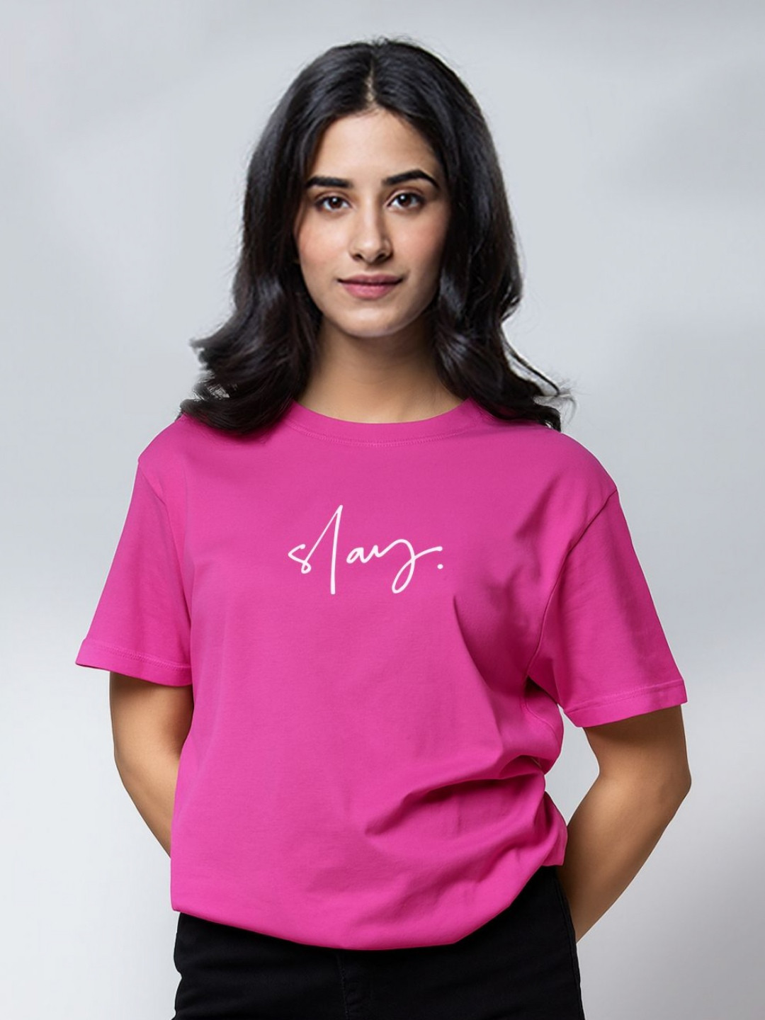 DKY Typography Printed Round Neck Drop-Shoulder Sleeves Cotton T-Shirt