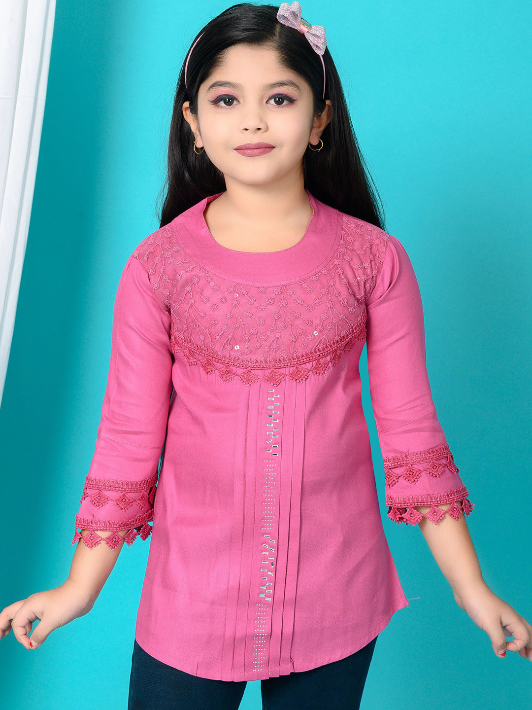 Darji Fashion Girls Solid Embroidered Round Neck Regular Tops