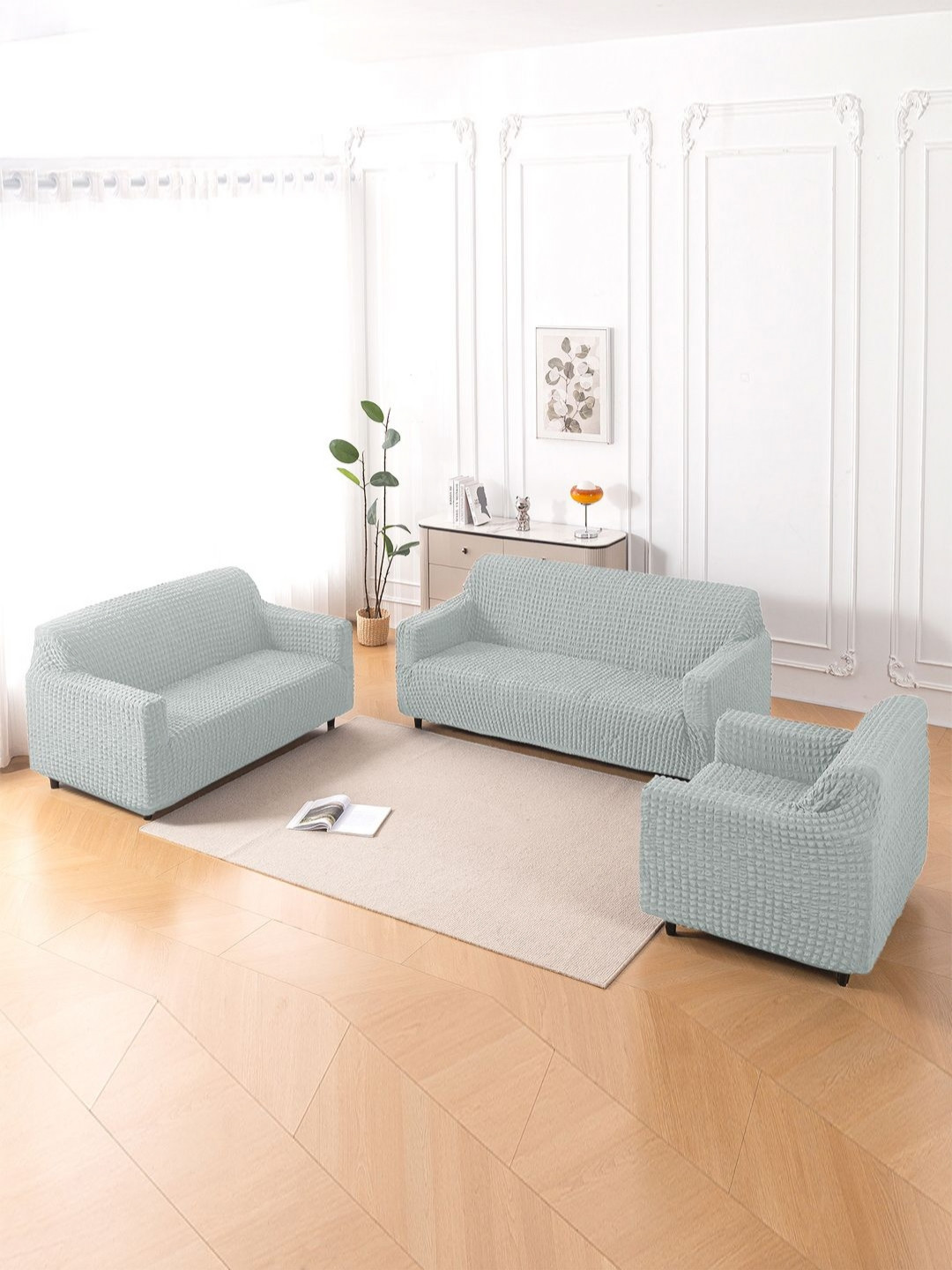 HOKIPO Aria Nova Light Grey 3 Pieces 6 Seater Stretchable Fully Covered Bubble Sofa Covers