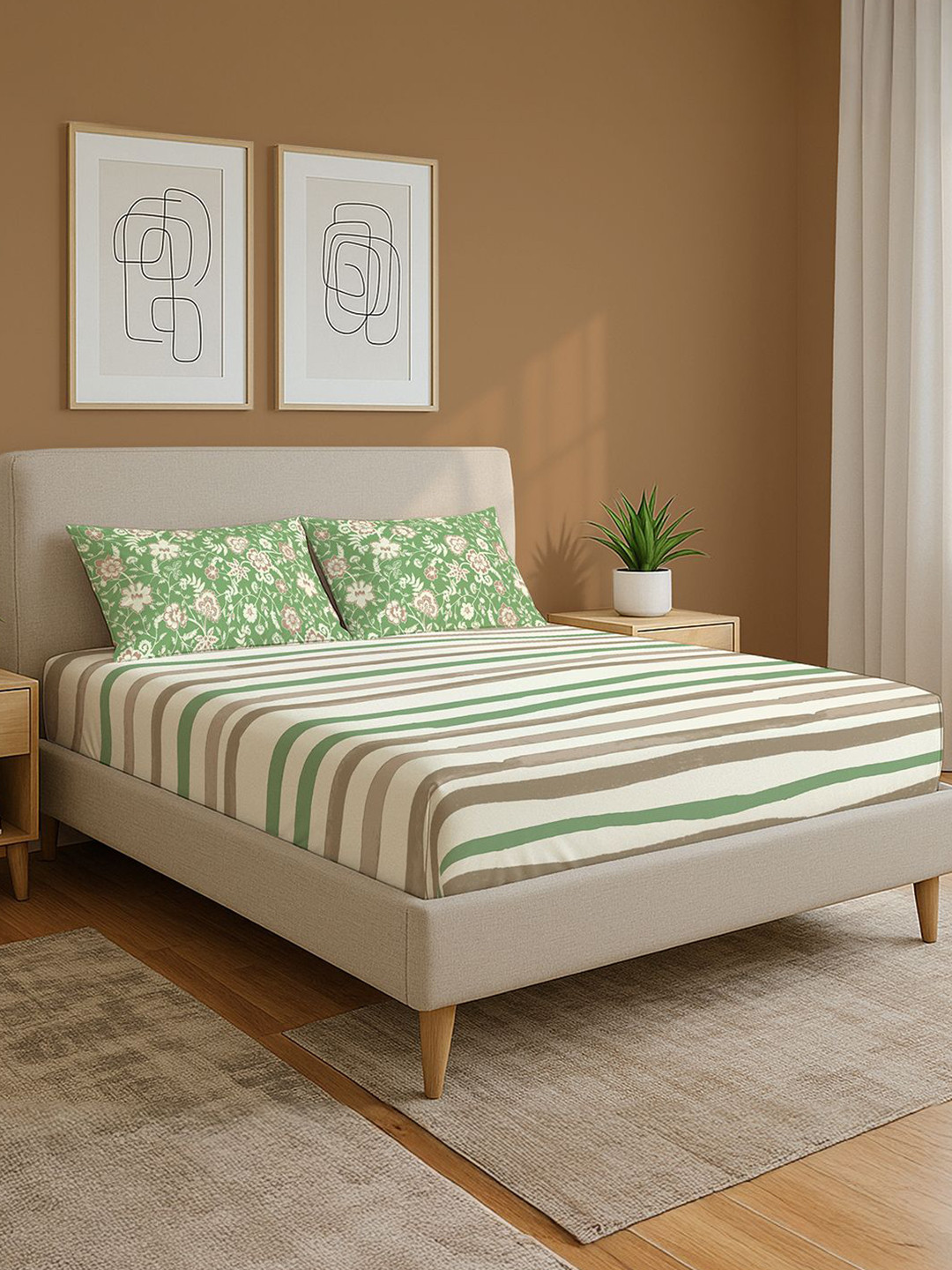 URBAN SPACE Divine Green & White Striped Cotton 144 TC Queen Bedsheet Set 2.23m x 2.54m