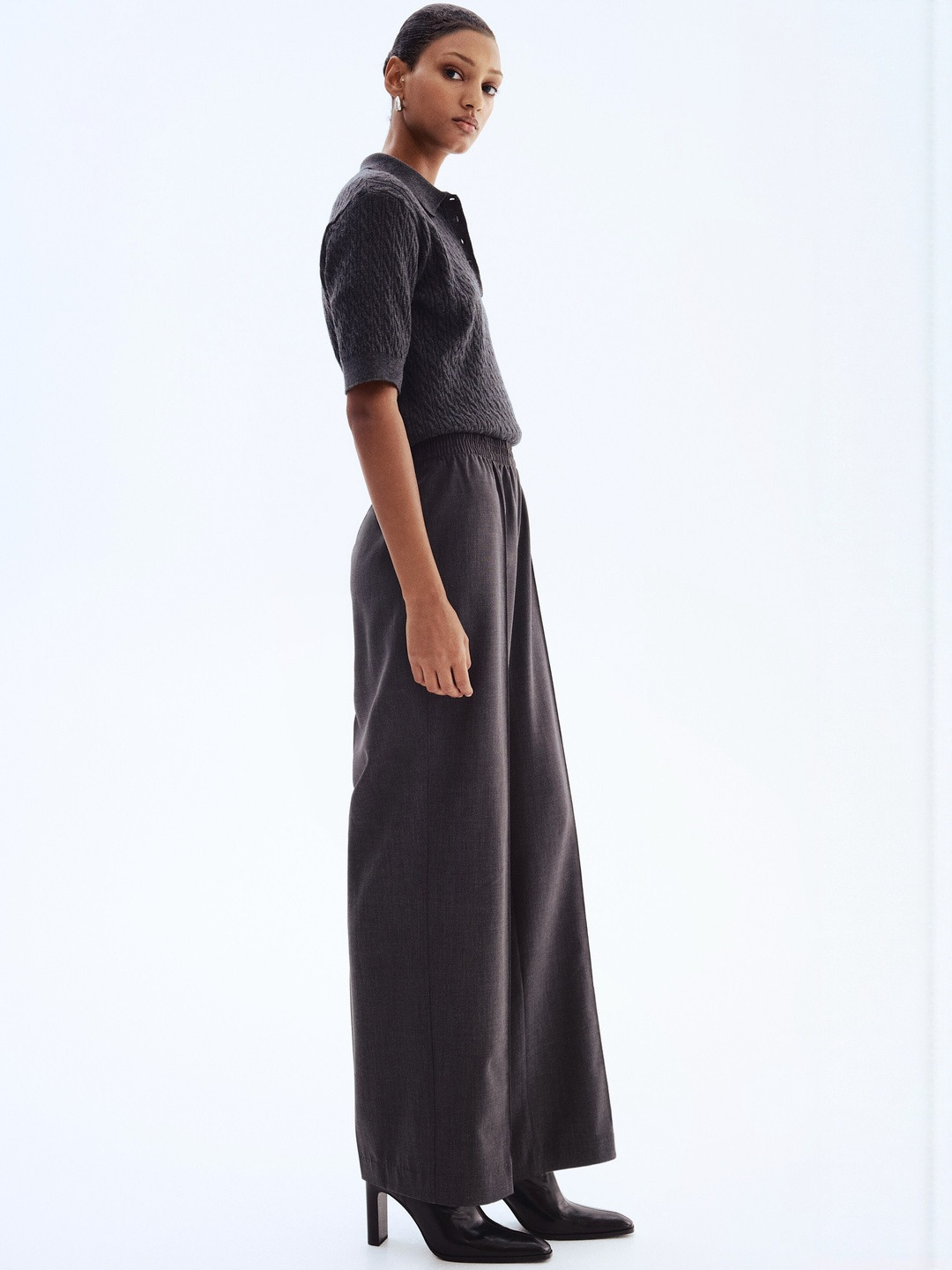 H&M Women High-Rise Loose Fit Grey Crease-Leg Trousers