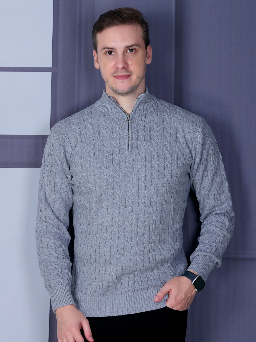 Dzant Men Solid Cable Knit Half Zipper Sweater Vest