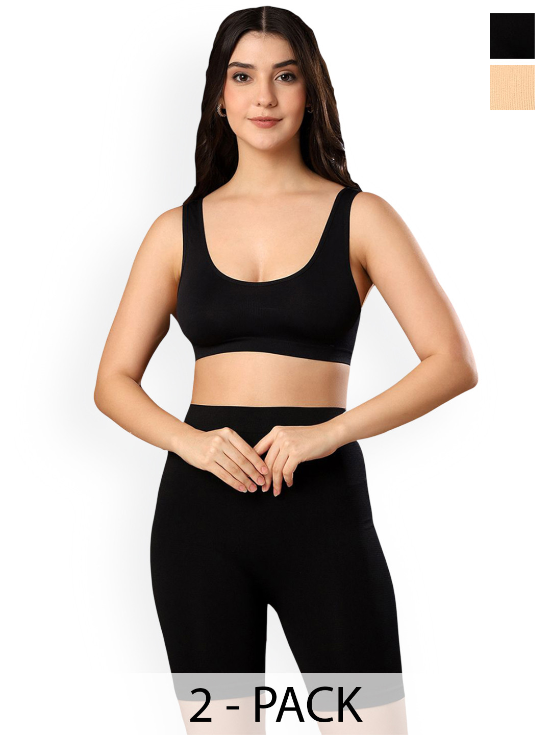 PAAVKI Pack Of 2 Non-Padded Seamless Hosiery Sports Air Bra and Skin Tight Shorts Set