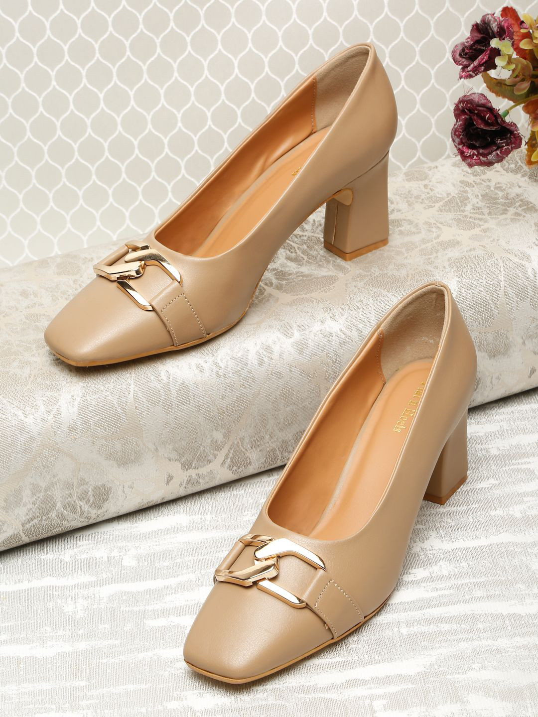 Flat n Heels Square Toe Western - Embellished  Block Pumps